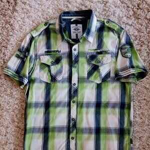 TXT Premium Collection Boy's L, Men’s M Button Up Grey Green Plaid Embroidered